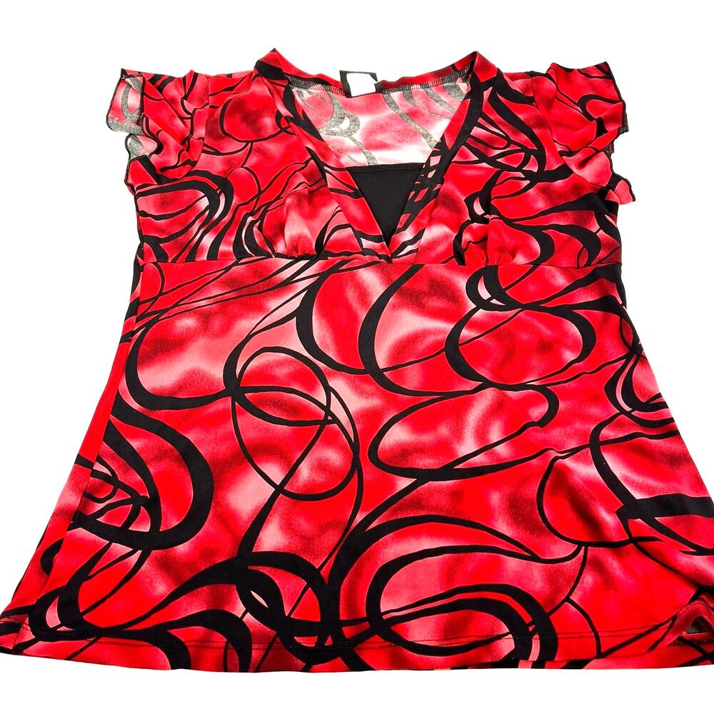 women's 2000s empire waist top fitted graphic babydoll blouse v neck black red L